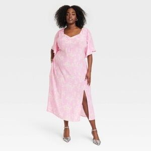 NWT Women’s Crepe Flutter Short Sleeve Midi Dress - Pink/White Floral - Target